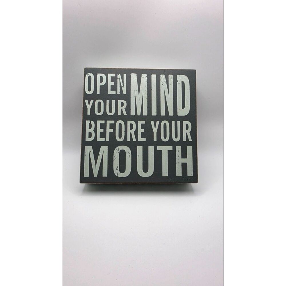 Open Your Mind Before Your Mouth Wall Sign Black Gray Motivational Quote Decor
